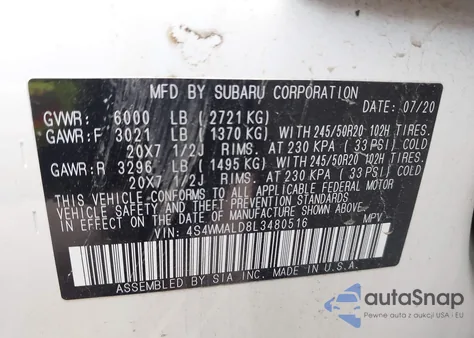 2020 Subaru Ascent Limited z USA, uszkodzony, nr VIN 4S4WMALD8L3480516